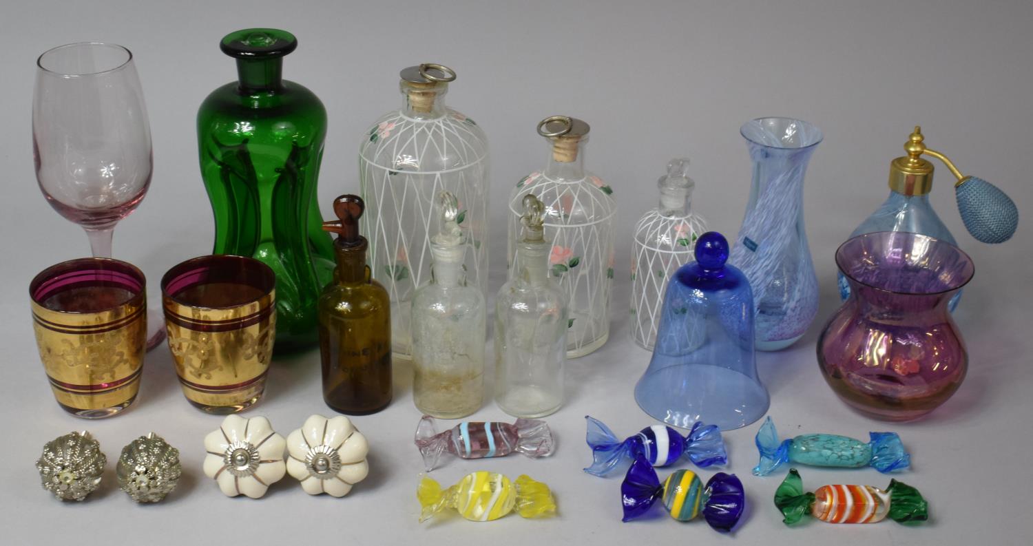 A Collection of Various Coloured Glassware to comprise Scent Bottles, End of the Day Glass Sweets,