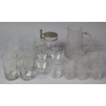 A Collection of Various Etched Glassware to comprise Etched Tot and Jug Set with Ivy and Barley