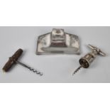 A Silver Plated Desktop Inkstand, Hinged Lid Detached Together with Two Vintage Corkscrews