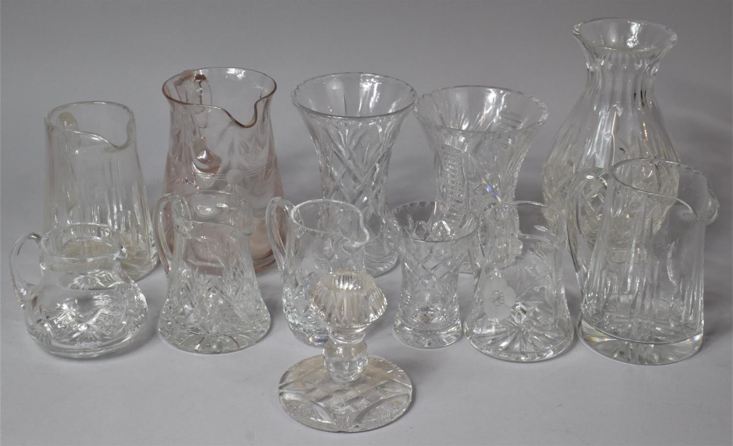 A Collection of Various Cut Glass and Other Jugs, Bowls, Candlestick, Vases Etc