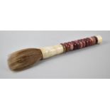 A Large Oriental Calligraphy Brush with Stone Sectional Handle, 37cm Long