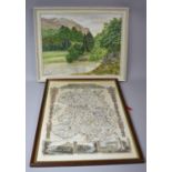 A Framed Oil on Board, Woodland Lake and a Map of Shropshire