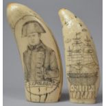 Two Faux Whale Teeth Resin Scrimshaws with Engraved Decoction, Napoleon and Ship Tamar, Tallest 16cm