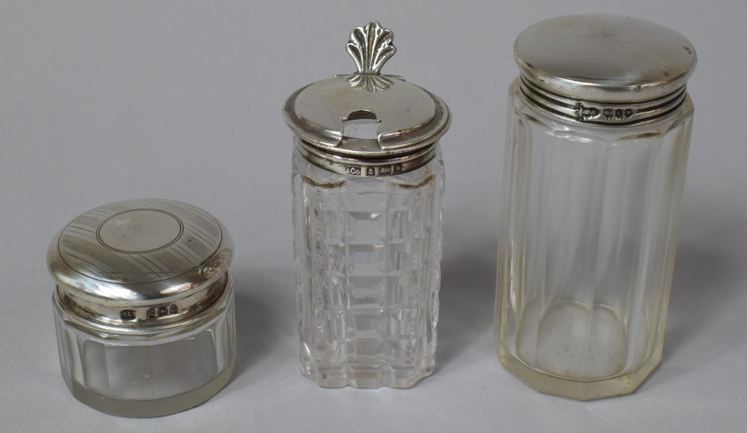 A Collection of Three Silver Topped Glass Dressing Table Pots, Hallmarked for Birmingham and London - Image 2 of 2