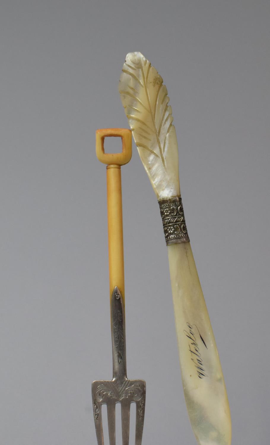 A Silver and Ivory Four Pronged Fork Together with a Mother of Pearl Souvenir Letter Opener for - Image 3 of 3