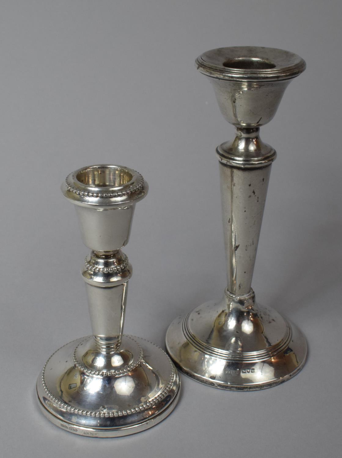 Two Filled Silver Candlesticks, Birmingham 1984, 11cm high and London 1915, 15cm high, has Been - Image 2 of 5