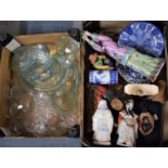 A Box of Glassware and a Box Containing Various Figural Ornaments, Blue and White China Etc
