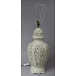 A Modern Pierced Oriental White Ceramic Vase Shaped Table Lamp, 55cm high