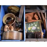 Two Boxes of Sundries to include Metalwares, Mantel Clock (For Restoration), Prints Etc