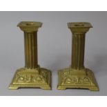A Pair of Modern Brass Ribbed Column Candle Sticks, Each 14.5cm high