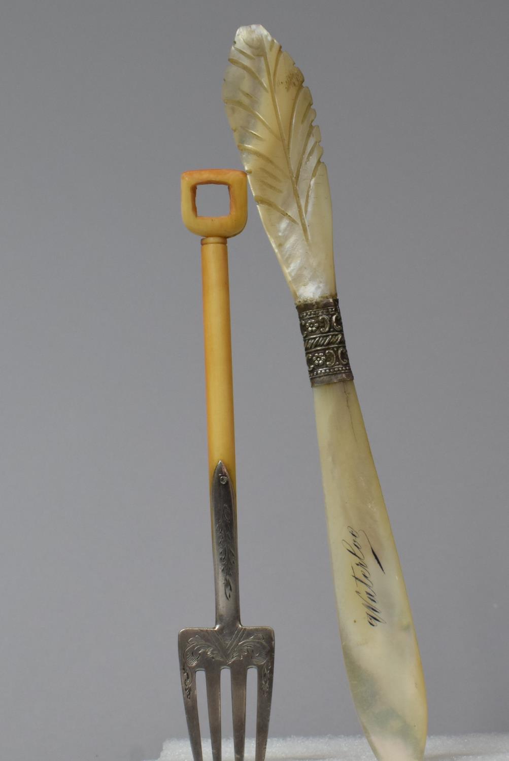 A Silver and Ivory Four Pronged Fork Together with a Mother of Pearl Souvenir Letter Opener for - Image 2 of 3