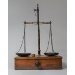A 19th Century Set of Brass Pan Scales on Mahogany Plinth Base with Single Drawer, Having Turned