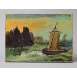 A Mounted but Unframed Naive Oil on Canvas Depicting Barges in Stormy Sea, 25x18cm