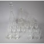 A Collection Of Cut Glass Drinking Glasses To Comprise Decanter, Tumblers, Sherries, Jug Etc.