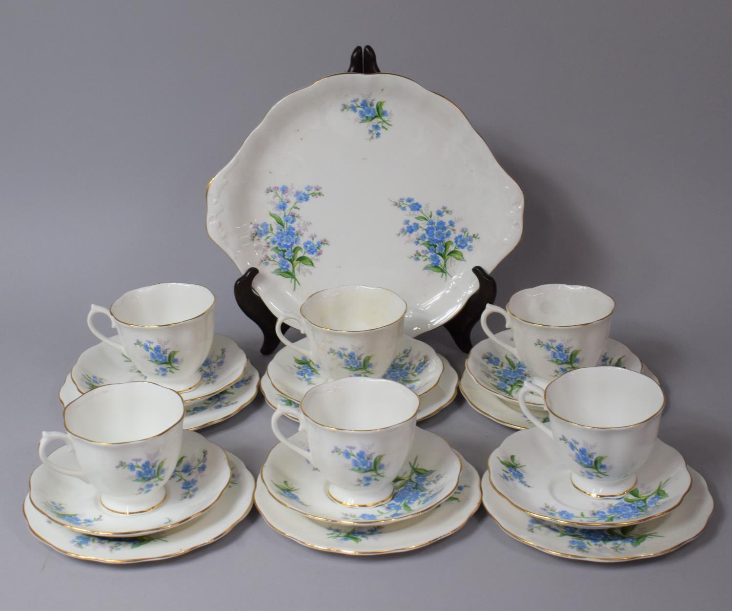 A Royal Albert Forget Me Not Pattern Tea Set to comprise Cake Plate, Six Teacups, Six Saucers and