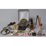 A Collection of Various Sporting Medals, Enamelled Badges, Wrist Watch, Dice, Tie Pin Etc