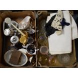 Two Boxes Containing Ceramics and Glassware, Stainless Steel Teawares, Table Linen Etc