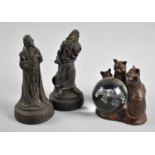 Two Shakespearean Figural Ornaments and a Cat Ornament with Unrelated Glass Paperweight