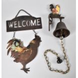 A Small Wall Mounting Bell with Cockerel Mount and a Cockerel Welcome Sign