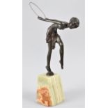 A Reproduction Art Deco Bronze Effect Figure of Girl with Hula-hoop, on Green Onyx Base, 26cm high