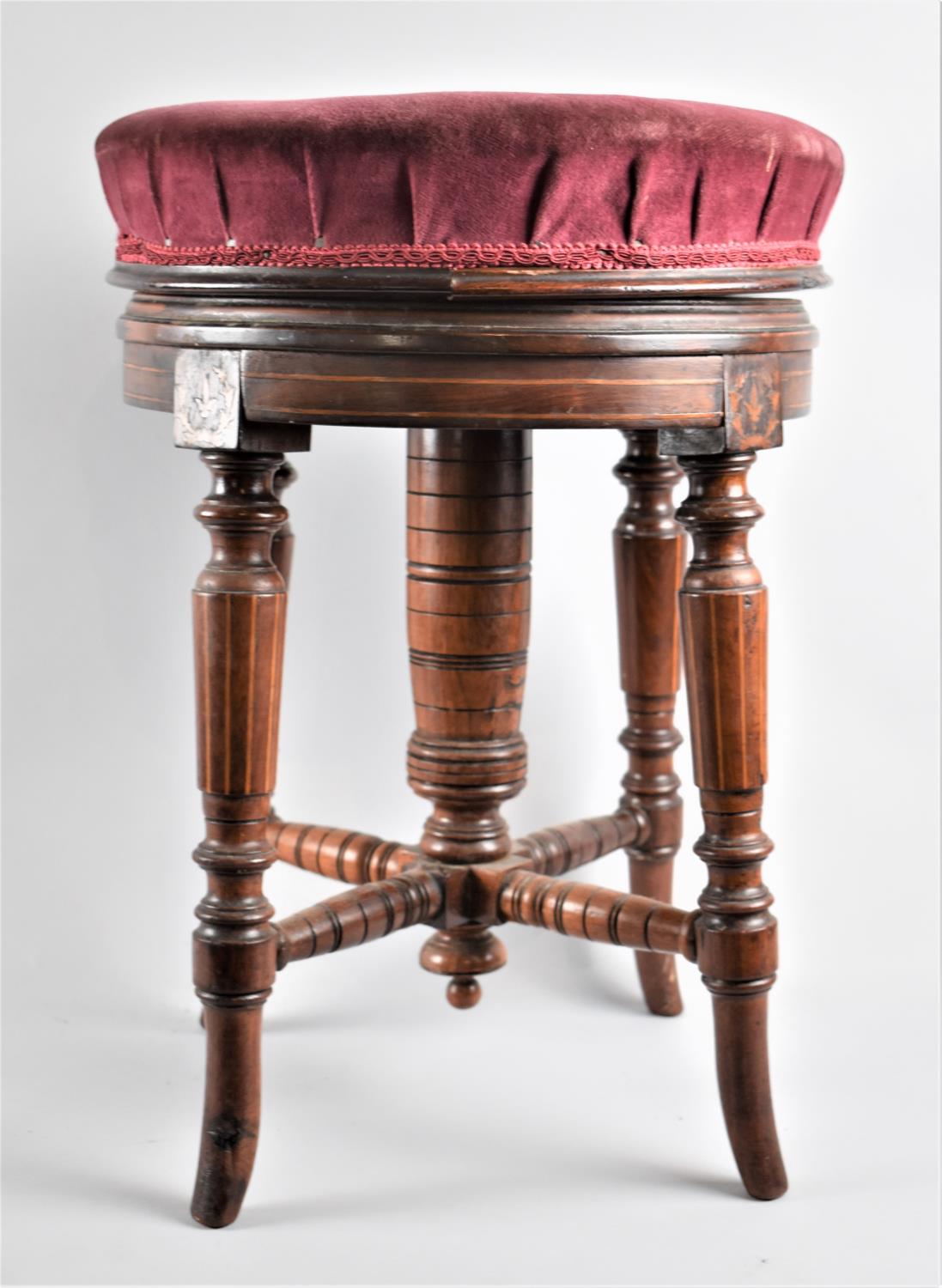 A Late 19th Century Inlaid Circular Adjustable Piano Stool with Turned Supports and Stretchers, 37cm