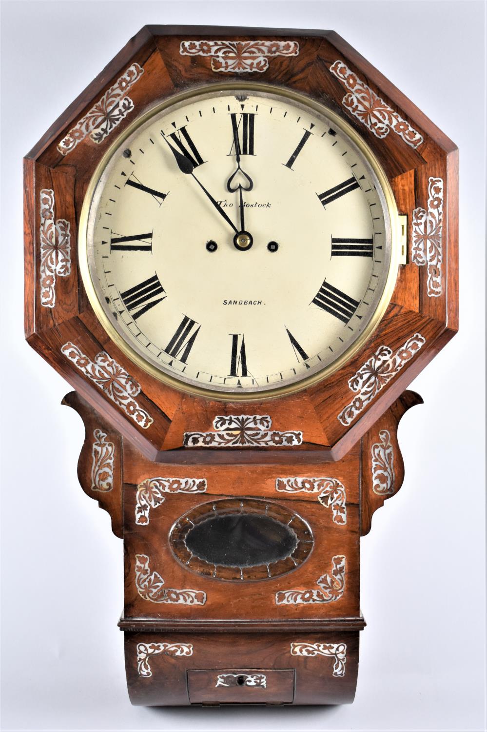 A Late Victorian/Edwardian Mother of Pearl Inlaid Octagonal Drop Dial Wall Clock, the Enamel Dial