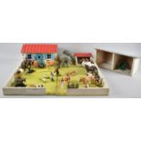 A Mid 20th Century Wooden Toy Farm, together with a Collection of Plastic Zoo and Farm Animal Toys