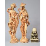 A Pair of Oriental Composition Figural Ornaments Together with Study of Kneeling Child, Figures 39cm