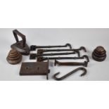 A Collection of Cast Iron to Include Door Lock, Door Hooks, Scale Weights, Flat Iron etc