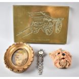 A Bossons Wall Hanging Dog Plaque, Gilt Framed Oval Miniature, Brass Wall Hanging Plaque Depicting