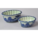 Two Reproduction Blue and White Jelly Mould Bowls, Largest 22cm wide