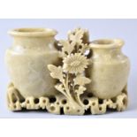 A Small Oriental Carved Soapstone Item in the Form of Two Vases and Flower, 13cm Wide