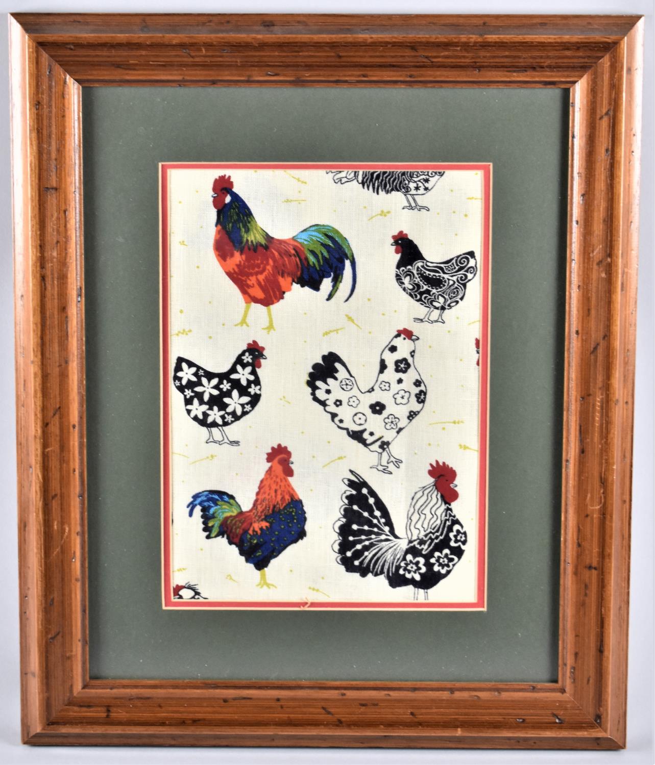 A Framed Coloured Fabric Print Depicting Poultry, 20x28cm