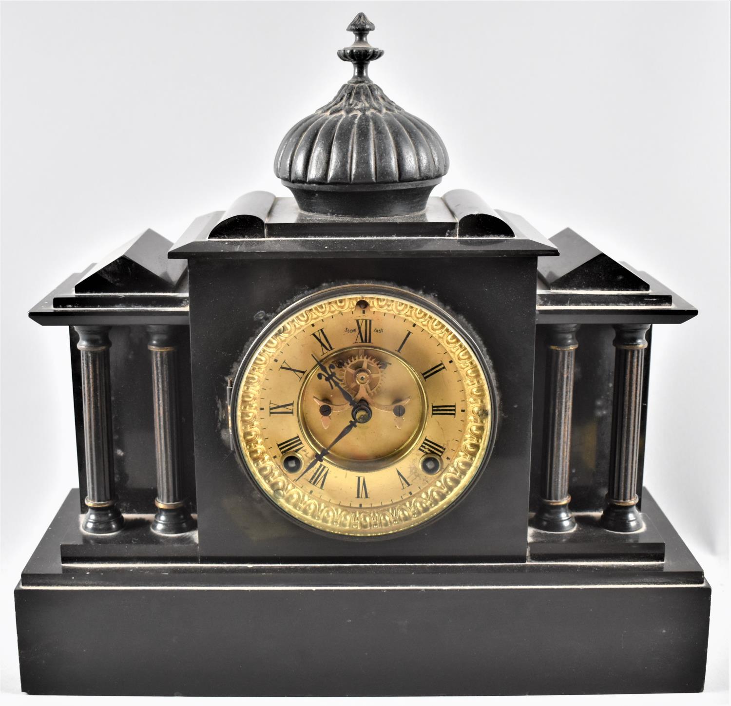 An Edwardian American Black Slate Mantle Clock of Architectural Form, Ansonia Clock Company, 8 Day