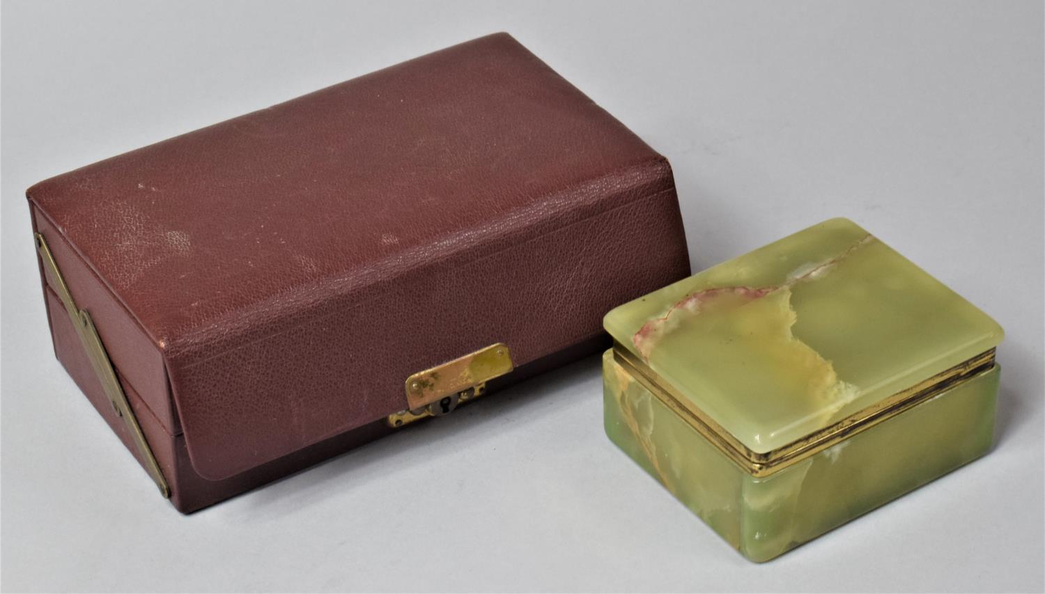 A Green Onyx Box with Hinged Lid Together with a Vintage Leather Jewellery Box with Cantilevered