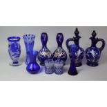 A Collection of Various Blue Glass to include Mary Gregory Style Decanters (AF) Richards Cameo