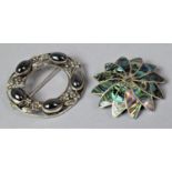 Two Silver Brooches, Circular Examples one with Five Hematite Cabochons and one Abalone