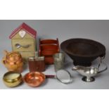 A Collection of Sundries to include Two Drawer Wooden Tea Caddy, Hipflask, Magnifying Glass, Treen