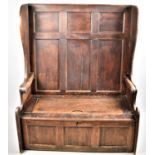 A 19th Century Three Panel High Wing Back Settle with Lift Seat and Scrolled Arms, 113cm Wide