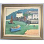 A Gilt Framed Naive Oil on Board, Fishing Harbour, 50x40cm