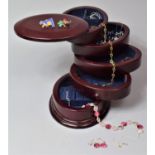 A Modern Mahogany Oval Five Section Jewellery Box Containing Costume Jewellery