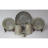 A Collection of Three 19th Century Pewter Plates, Pewter Measure and Two Glass Bottomed Pewter