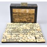 A Vintage Wooden Souvenir Box for Sewing Cottons, Containing Incomplete Set of Nine Spot Dominoes