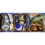 Three Boxes of Ceramics to Include Figural Ornaments, Continental Majolica Bowl, Cheese Dish and