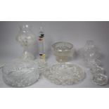 A Collection of Various Glassware to comprise Cut Glass Lamp Shade, Heavy Glass Bowl, Moulded