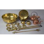 A Collection of Various Metalwares to comprise Brass Bowls, Brass Fire Irons, Copper Kettles,