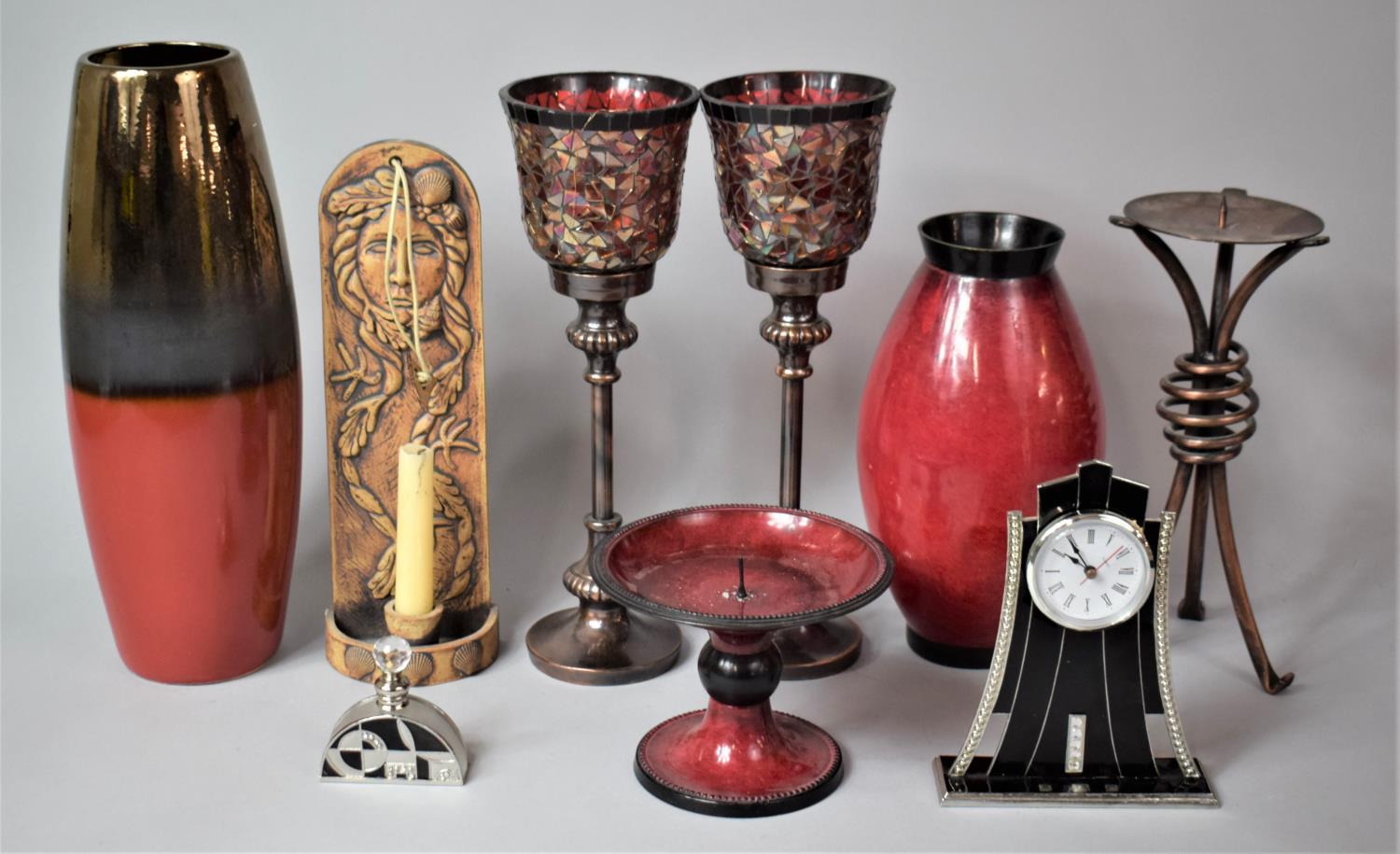 A Collection of Various Items to comprise Candle Pricket, Mantel Clock, Perfume Atomiser Etc