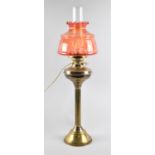 A Mid 20th Century Brass Table Lamp of Ribbed Column Form, with Coloured Glass Shade, Overall Height