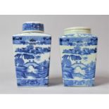 Two Ringtons Transfer Printed Willow Pattern Blue and White Teacaddy, 21cm high