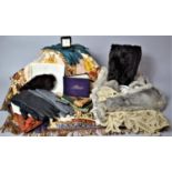 A Collection of Various Embroideries, Furs, Spanish Tapestry, Scarves, Commemorative Paper Napkins